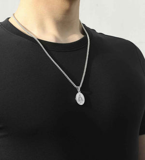 Oval Saint Christopher/Michael/Joseph/Jude/Virgin Mary/Joseph/Francis/Patrick/Anthony/Benedict/Thomas Necklace for Men Women, Stainless Steel Catholic Patron Pendant with Chain 24 Inches