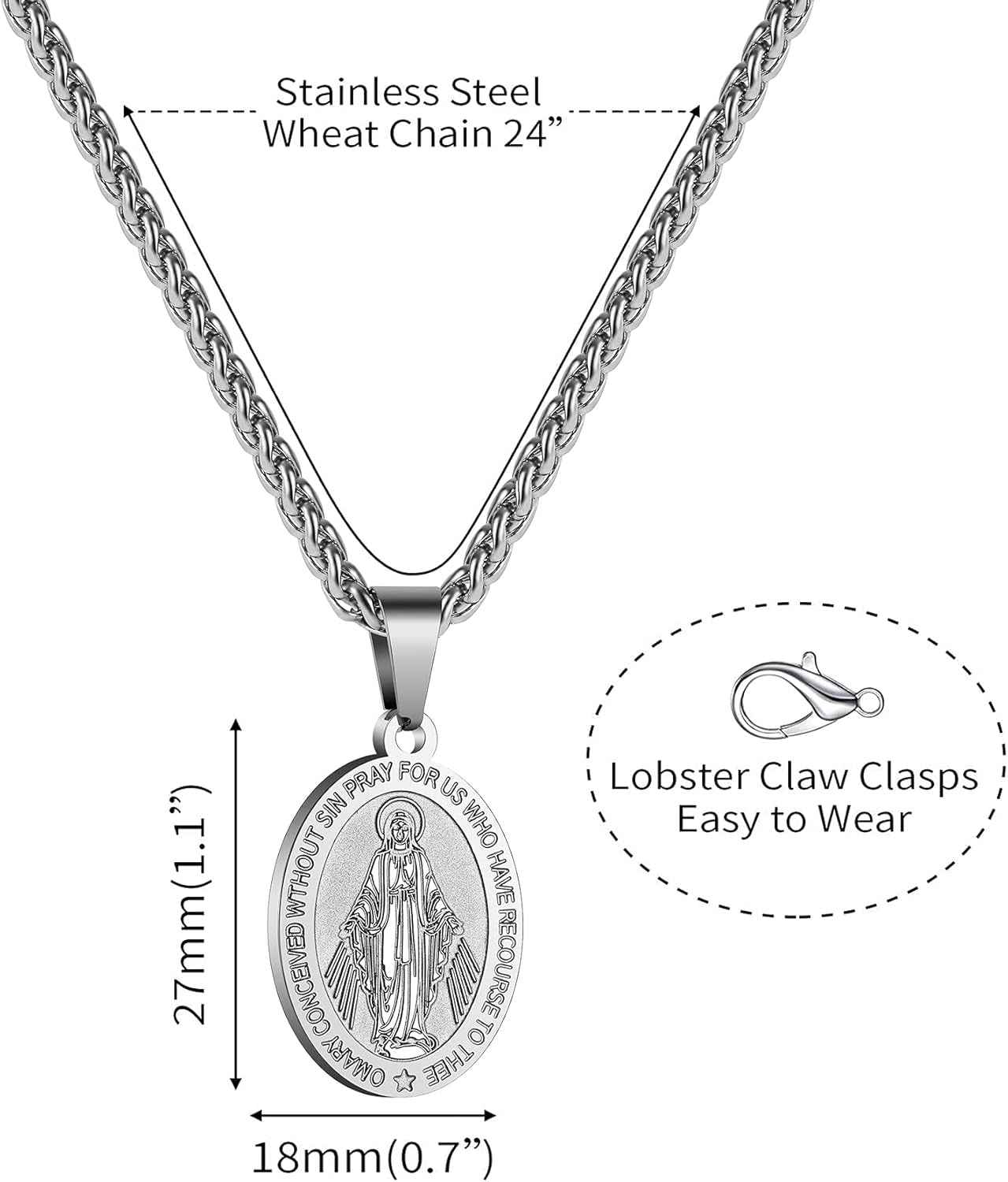 Oval Saint Christopher/Michael/Joseph/Jude/Virgin Mary/Joseph/Francis/Patrick/Anthony/Benedict/Thomas Necklace for Men Women, Stainless Steel Catholic Patron Pendant with Chain 24 Inches