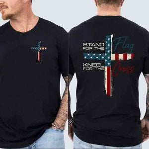 Patriotic Christian Faith T-Shirt – Stand for Flag Kneel for Cross Religious Shirt | American Pride Cross Design Tee for Men | Conservative Christian Clothing