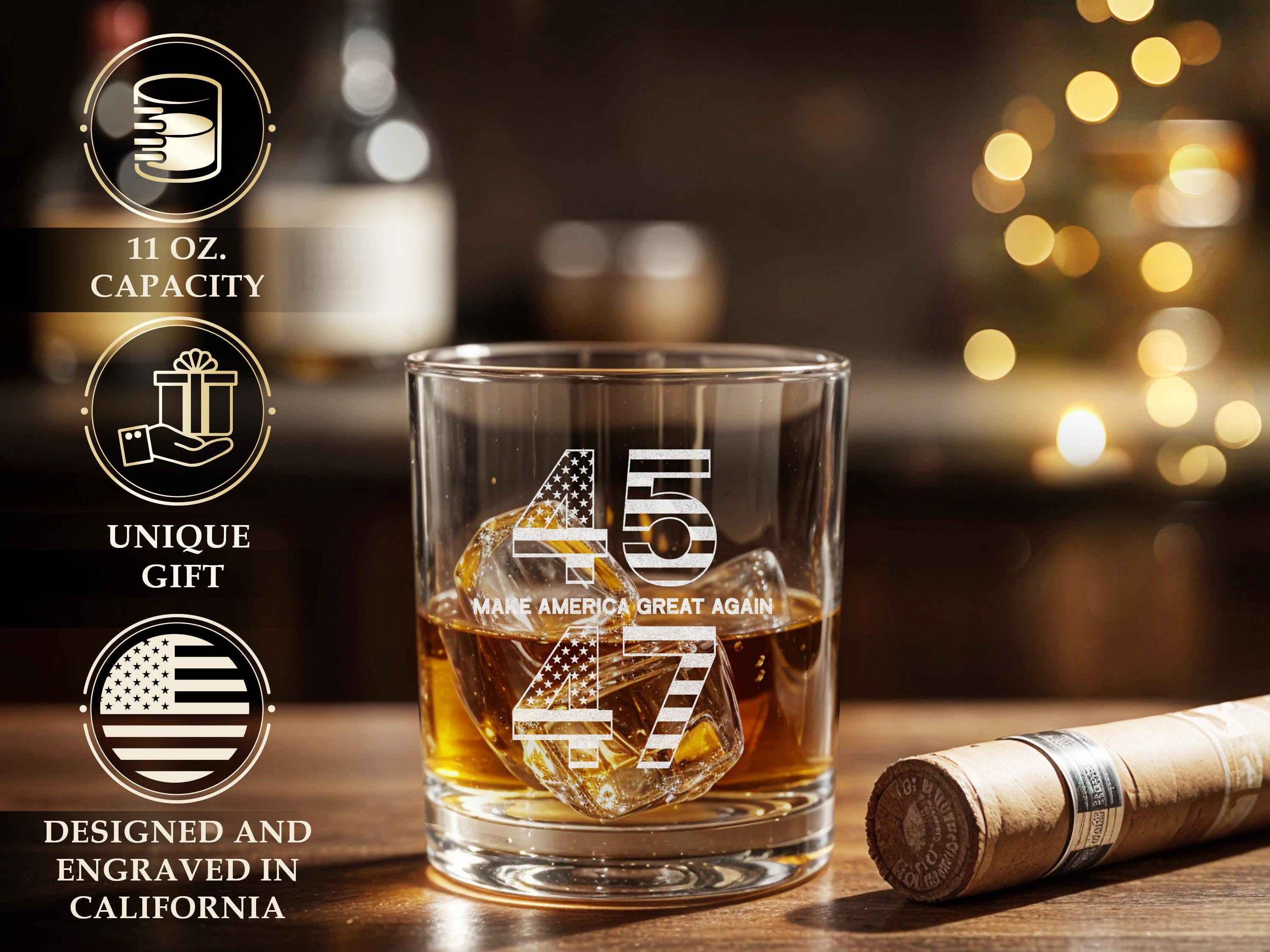 45 47 MAGA Trump Whiskey Glass, Trump 2024, Patriotic Gift, 47 Presidential, Make America Great Again, MAGA Gift, Political Gift